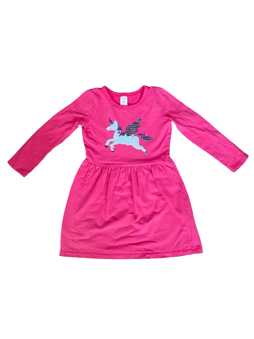 Carters Kids Pink Long Sleeve Reversible Flying Unicorn Sequin Dress - 5T